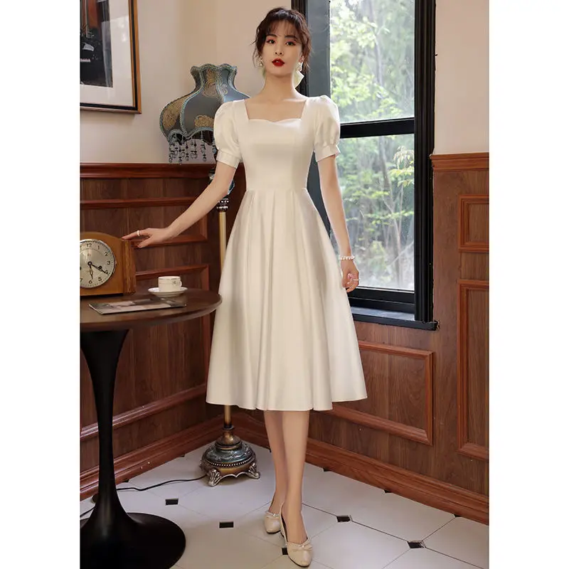 

Long White Dresses For Women Square Collar Puff Sleeve Summer Simple Commuting Vintage Vestidos De Verano Para Mujer 2023 XS-4XL