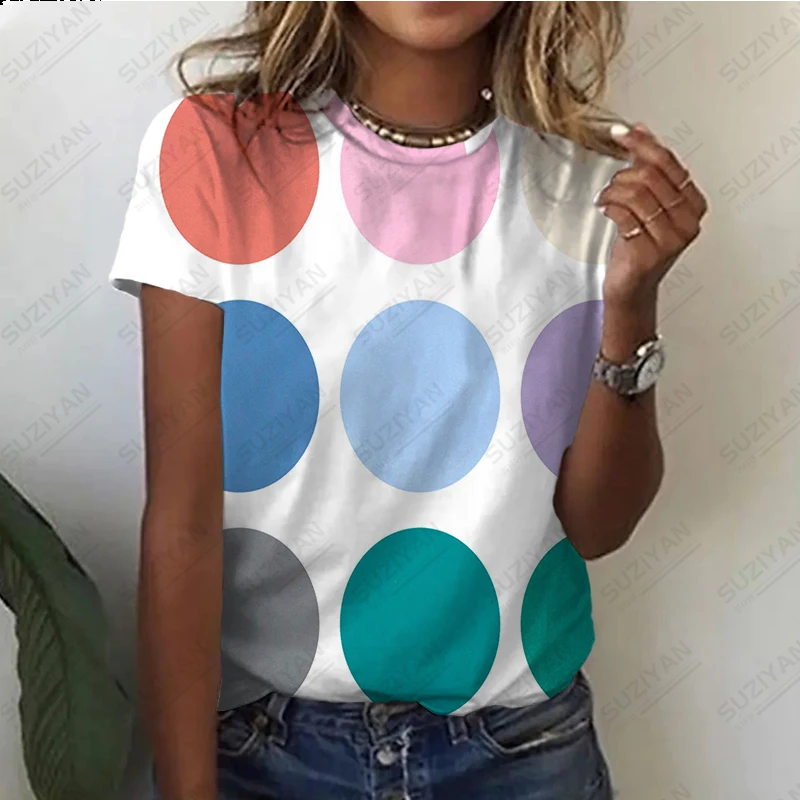 

2023 Women's Summer Hot Sale New Fashion Colorful Dots 3D Printed Short Sleeve T-shirt Round Neck Street Casual Style Top