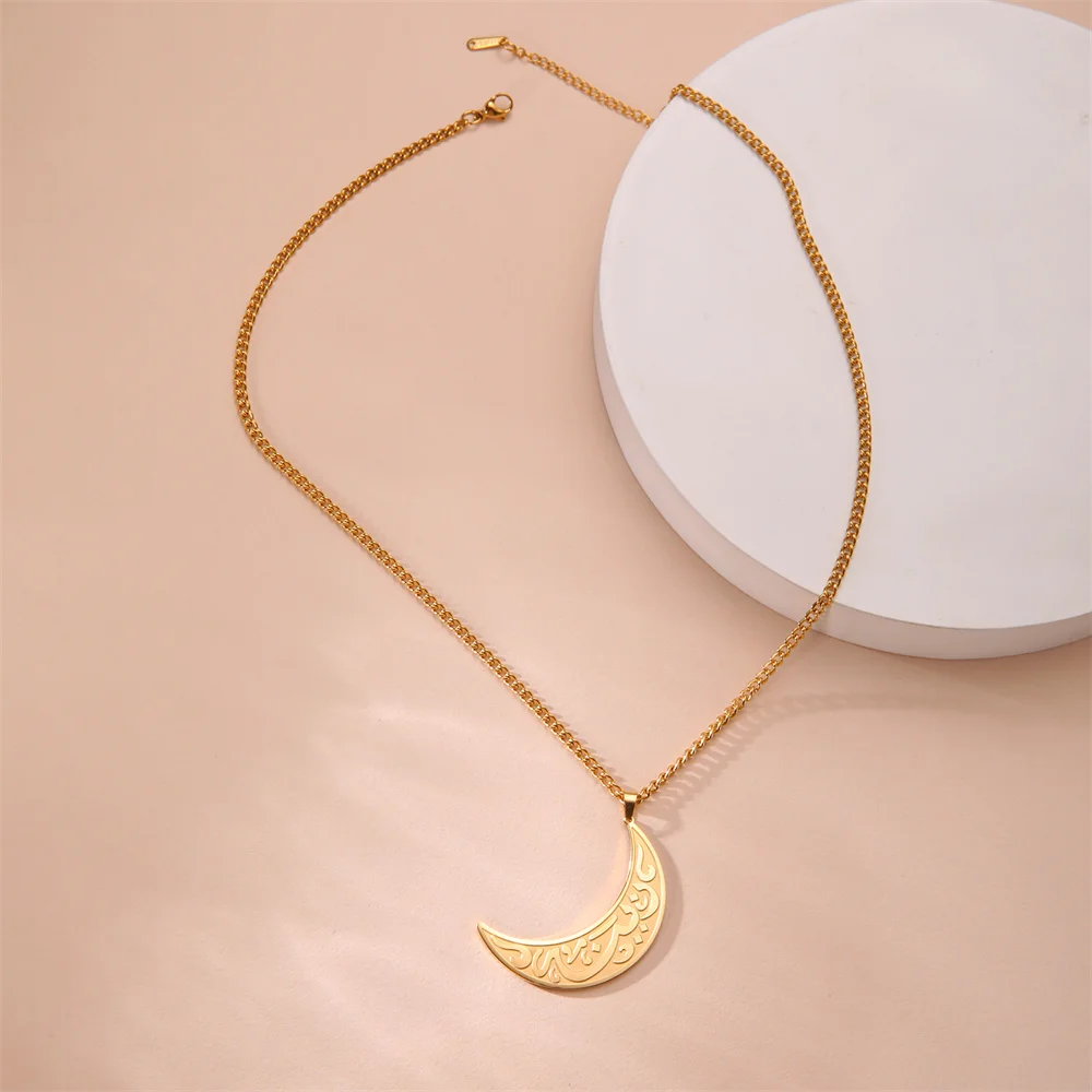 Collana con ciondolo a forma di runa della luna crescente del Corano in arabo islamico Eueavan, in acciaio inossidabile, con collane musulmane Allah, gioielli religiosi_voghion.com