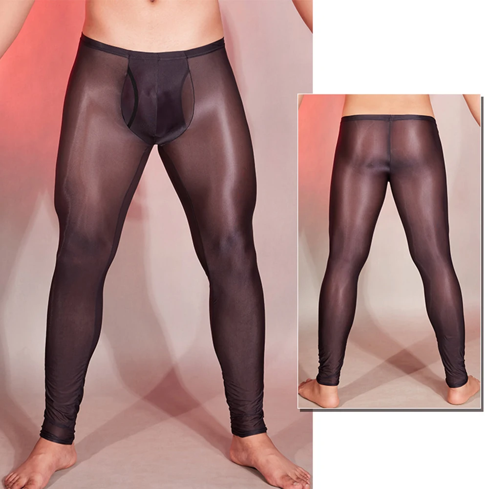 Mens Tights Party Ice Silk Footless Long Pants Oil Shiny Skinny Underwear Thong Transparent Night Club Wear See-through Pants men leggings