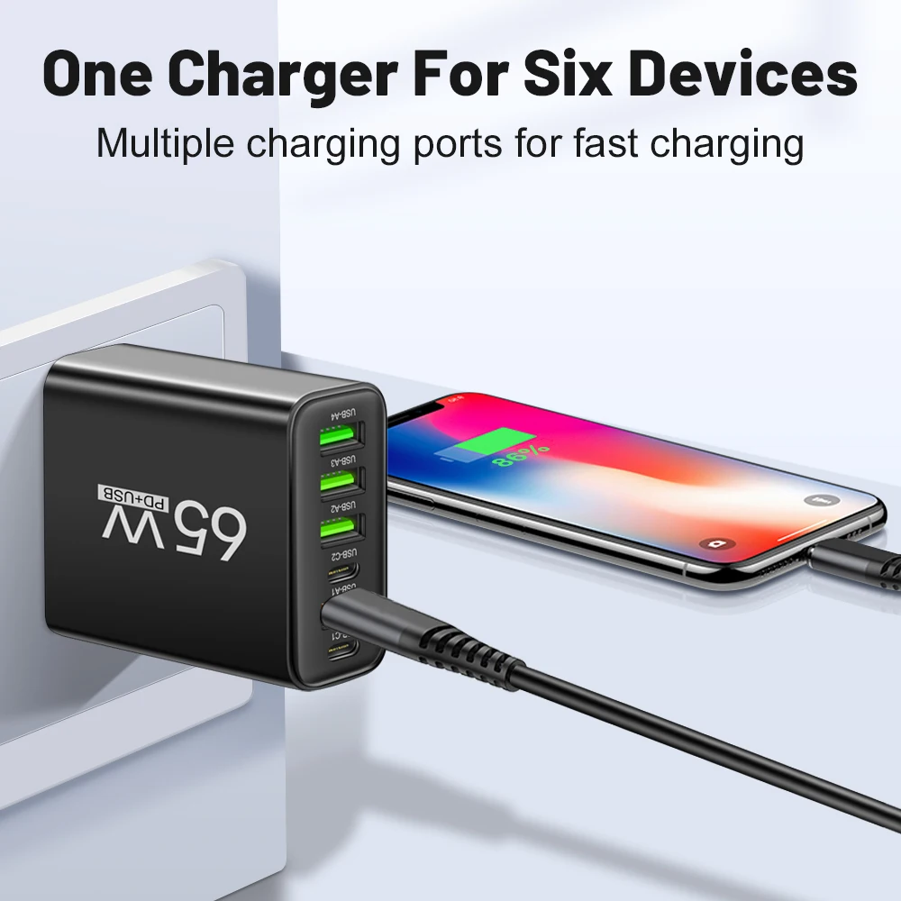 Total 65W 6 in 1 4 USB 2 Type C Quick Charging Fast Wall Charger For iPhone Xiaomi Samsung Huawei Mobile Phone Adapter