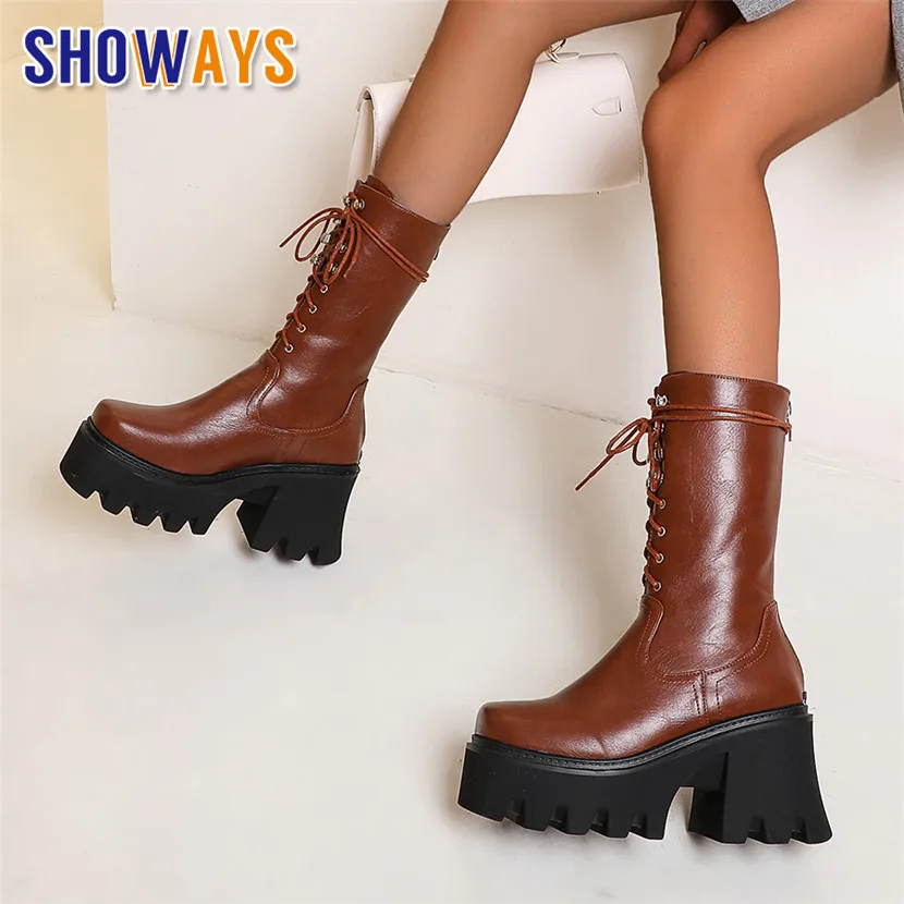 

Winter Plush Women Mid-calf Platform Boots Black Brown High Thick Heels Casual Lady Square Toe Zipper Lace-up Half Riding Boots
