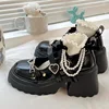 Black Leather Shoes Spring and Autumn Season Metal Chain Sponge Cake Sole Mary Jane Shoes Women's Patent Leather Gothic Style 1