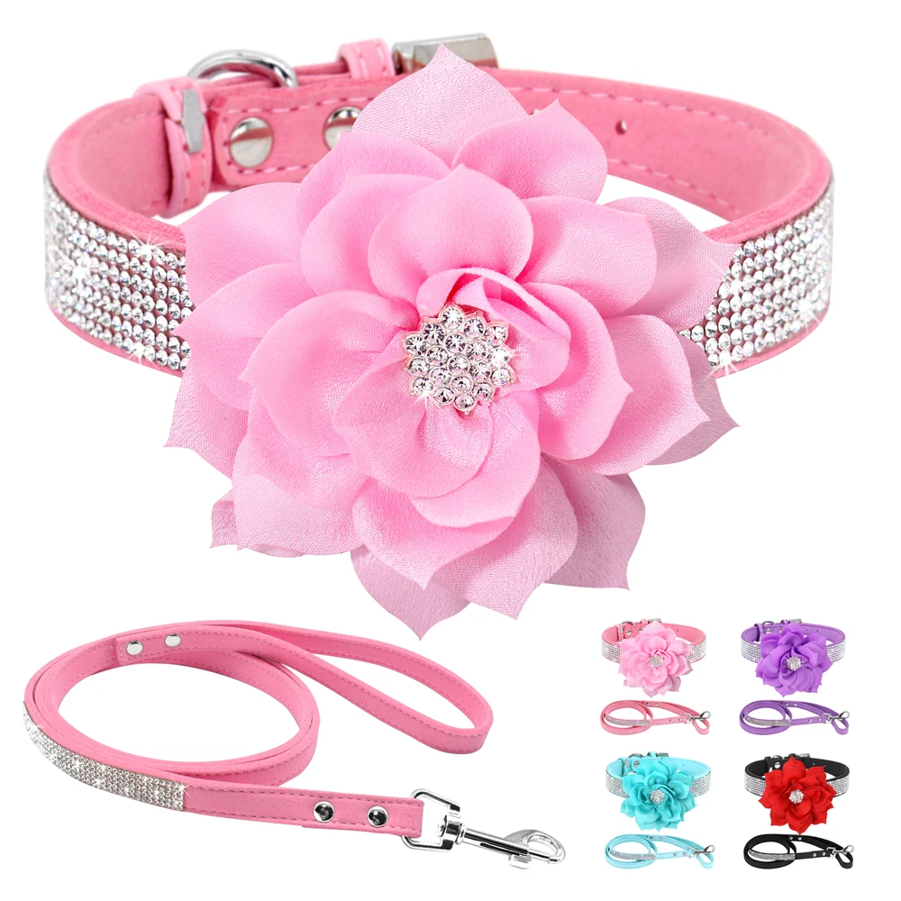 

Rhinestone Dog Collar Leash Set Adjustable Leather Cat Puppy Collar With Flower Pet Walking Leashes For Small Medium Large Dogs