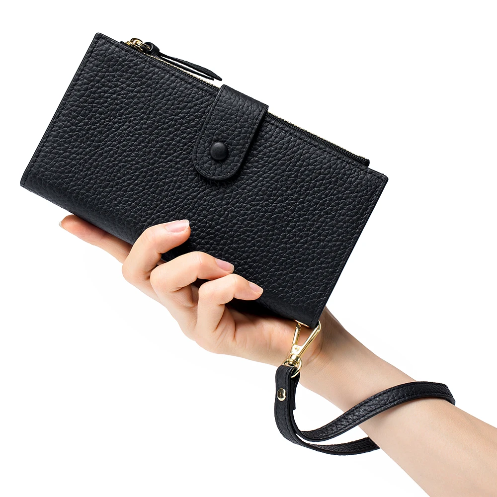 Genuine Cow Leather Snap Button Long Wallet Fashion Woman Multi-functional Clutch Purse with Phone Pocket ID Card Holders Purses