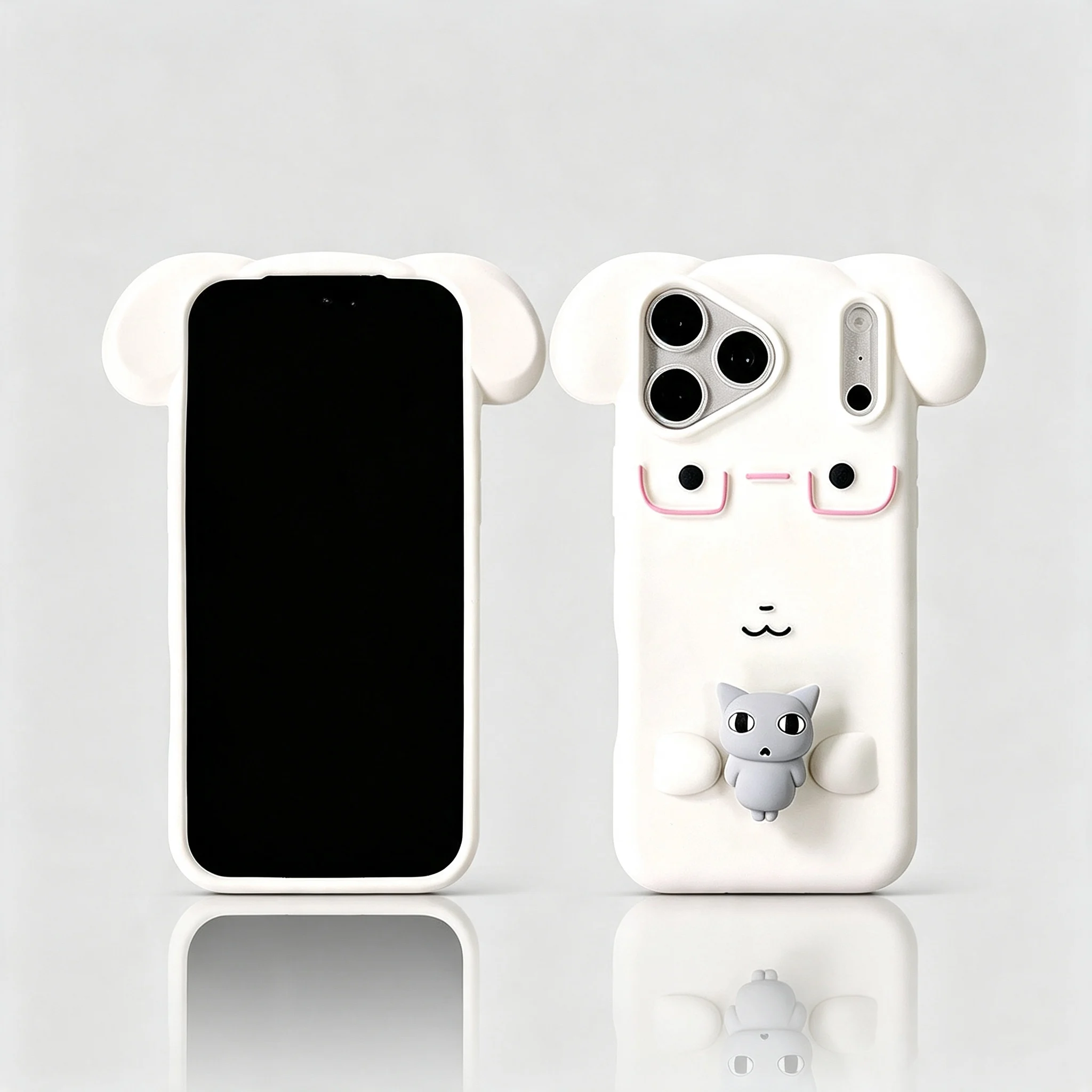 3D Cute Dog with Rotatable Cat Silicone Soft Phone Case