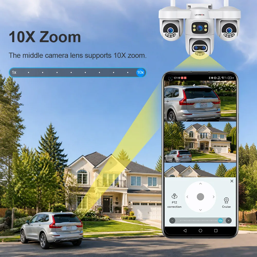 LS VISION 20MP 10X Zoom Four Screens WiFi Security Camera Outdoor 5-Lens Three PTZ Auto Tracking CCTV Camera PC Client Supported 3