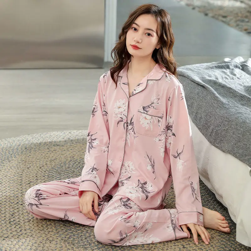 Spring Autumn Women's Thin 100% Pure Cotton Pajamas Long Sleeve Cardigan Pants Home Clothing Set Oversized Casual Sleepwear