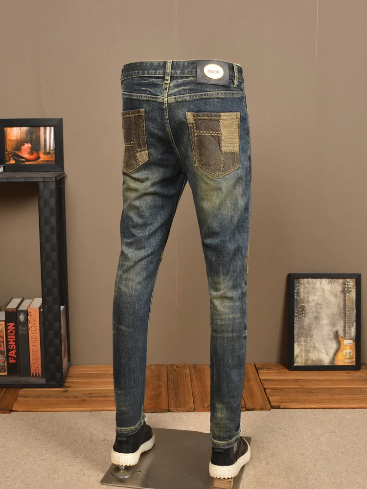 Retro Nostalgic Ripped Jeans Men's Handsome Stretch Slim Fit Skinny High-End Patch Washed Casual Motorcycle Trousers