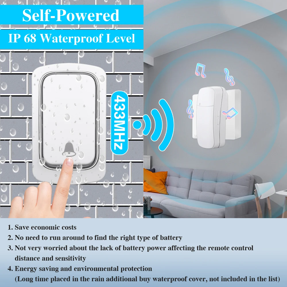 Wireless Doorbell IsFriday Wireless Doorbell Without Batteries Waterproof Outdoor Kinetic Bell Self-powered Button Dog Doorbell Ring Chimes