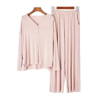 Japanese new style cotton pajamas suit ladies spring and autumn cardigan solid color long-sleeved trousers home service suit - Image 2
