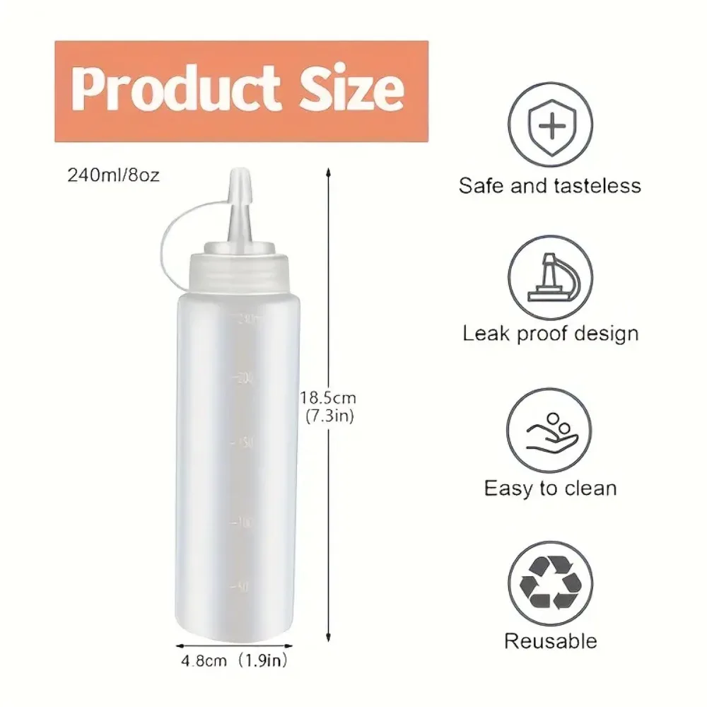 Condiment Squeeze Bottles 6pcs 240ml Condiment Squeeze Bottles Plastic Squeeze Squirt Bottles with Twist on Caps and Measurement for BBQ Sauces Salad Oil