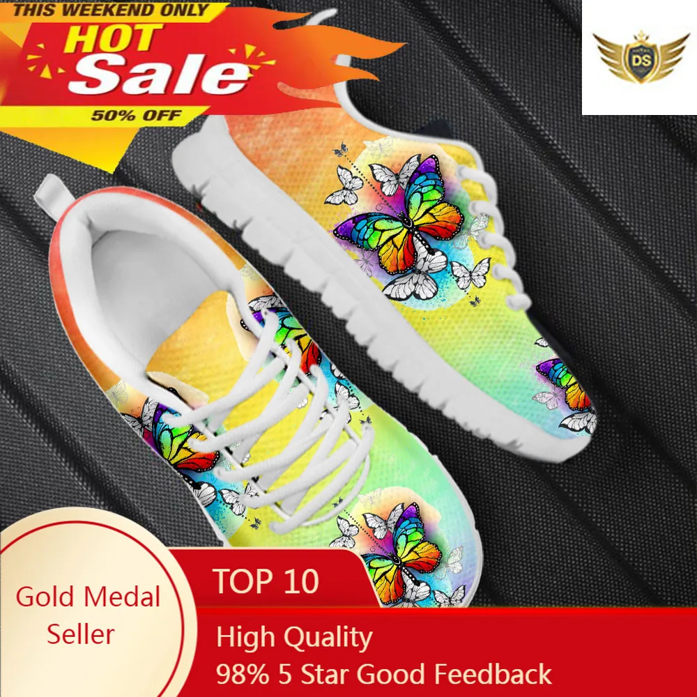 Gradient Color Rainbow Butterflies Printed Women Mesh Sneakers Comfort Lace Up Flat Shoes Spring Femme Zapatos instantarts women spring flats cartoon teen girl casual mesh sneakers shoes 3d cute cat pattern lace up flat shoes zapatos mujer