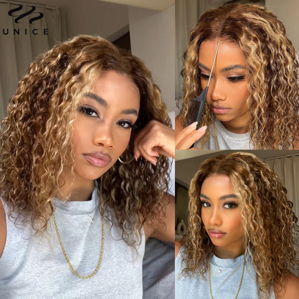 

UNice 7x5 Glueless Water Wave Bob Wig Honey Blonde Highlight Pre Bleached Pre Cut Lace Closure Wig Human Hair Wig Ready To Wear