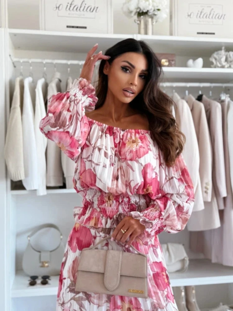 New Women's One Shoulder Long Sleeved Flared Sleeve Printed Top and Skirt Set Fashionable and Casual Women's Clothing 356