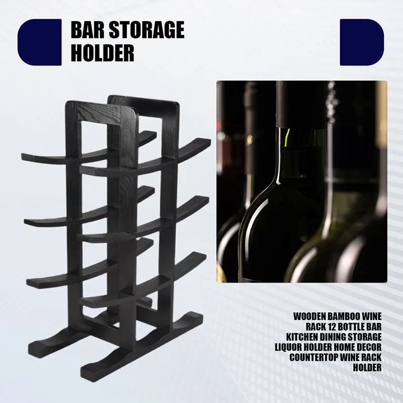 A20F-Wooden Bamboo Wine Rack 12 Bottle Bar Kitchen Dining Storage Liquor Holder Home Decor Countertop Wine Rack Holder