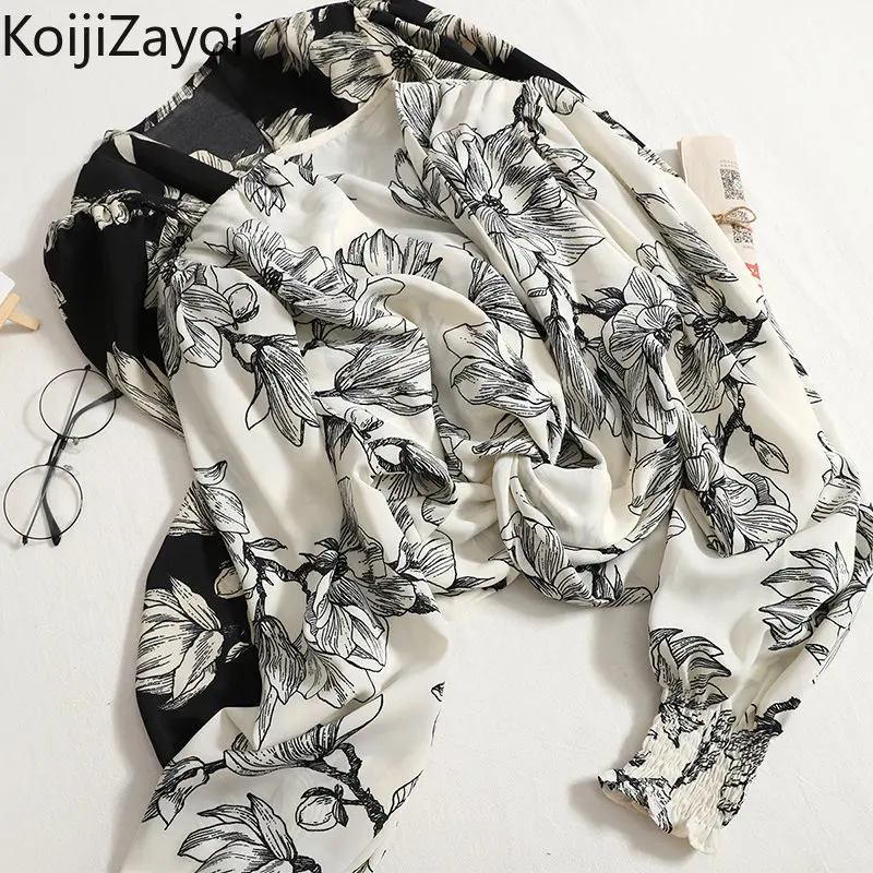 

Koijizayoi Vintage Women Flower Blouse Lady Long Sleeves Deep V Neck Shirt Spring Autumn Chiffon Blusas 2022 Tops New Shirts