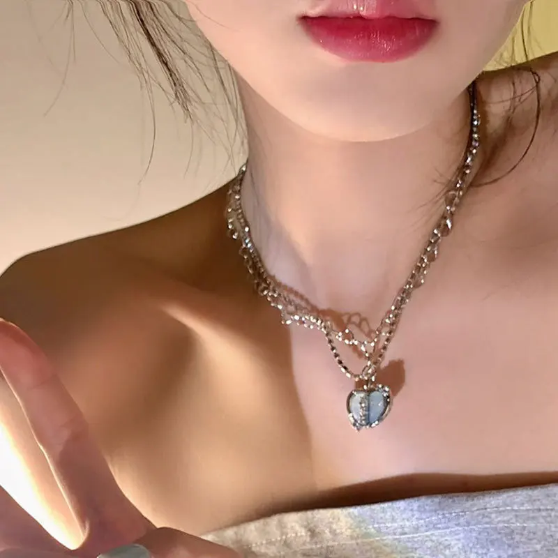 Korean Fashion Purple Crystal Heart Pendant Necklace For Women Black Crystal Egirl Cool Clavicle Chain Y2k Aesthetic Jewery Part