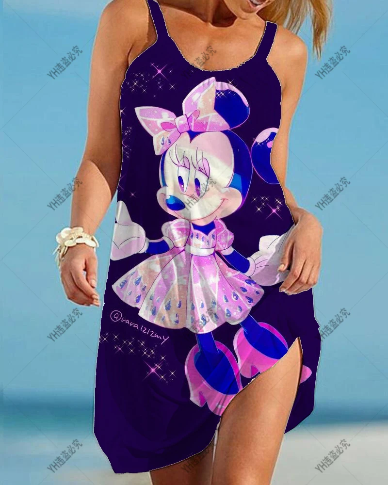 

Disney Minnie Mickey Cartoon Anime Ladies Sling Dress Casual 3D Cute Long Skirt Oversized Harajuku Style Fashion Beach Dress