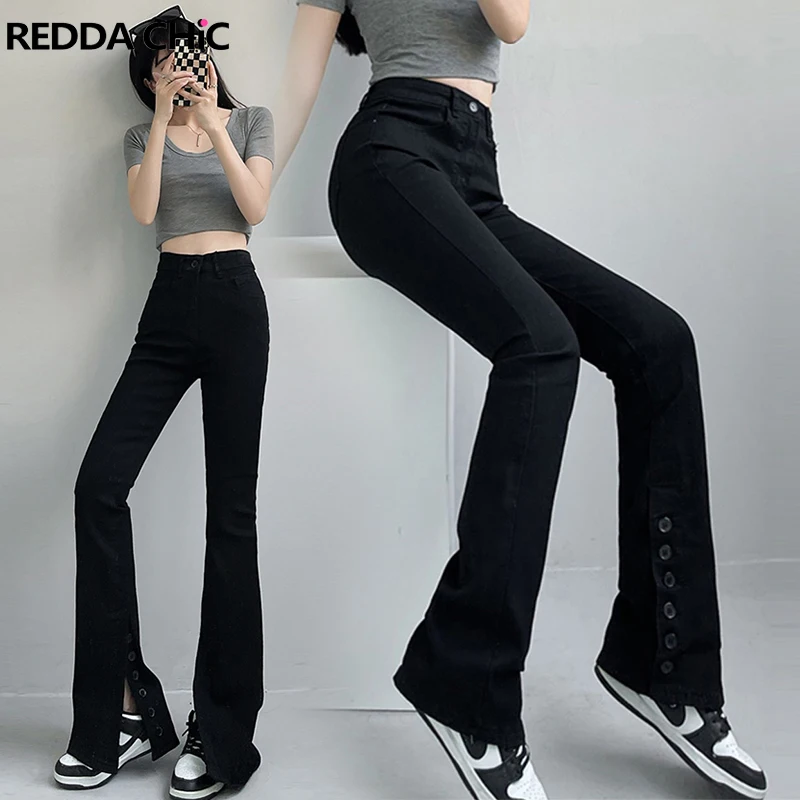 

Черные расклешенные джинсы REDDACHiC с разрезом, женские теплые брюки, женские зимние теплые леггинсы, флисовые Колготки, женская уличная одежда Y2k