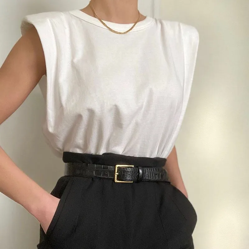 Women Padded Shoulder Blouses Sleeveless Solid Color Round Neck Top Office Lady Pullover New Korean Fashion Women Elegant Blusas