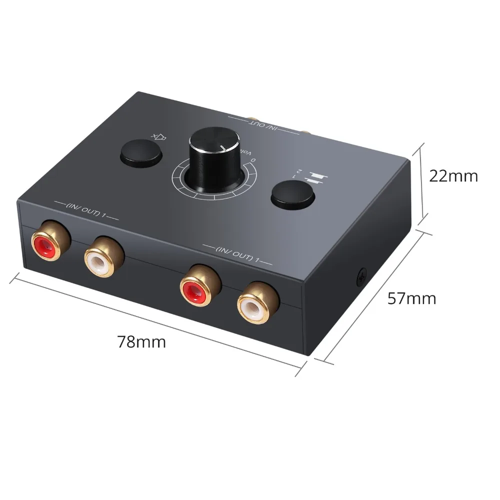 Dual Audio Switcher with Mute Button - RCA Stereo Selector/Splitter