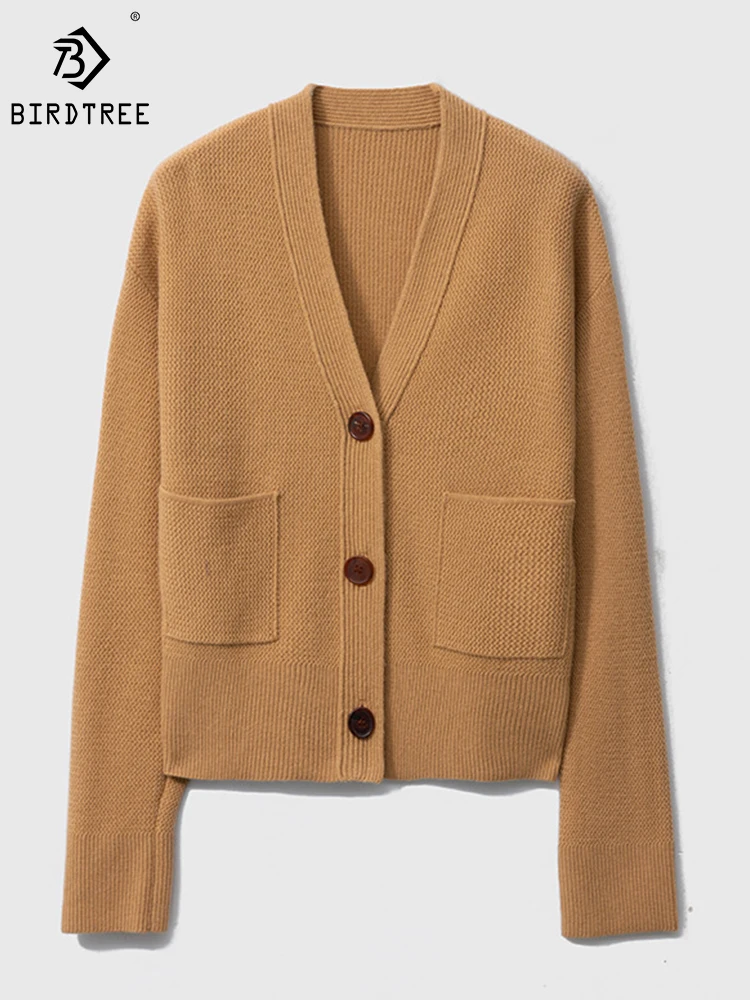 

Birdtree 100% Cashmere Cardigan Sweater Vintage V-neck Solid Color Comfortable Soft Simple Lazy Style Warm Knit Fall T30829QD