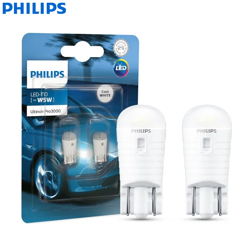 Philips Led T10 W5W Ultinon Pro3000 6000K Bianco Indicatori Di Direzione Auto Luce Interna Targa Porta Lampadine 11961U30Cwb2, 2 Pezzi