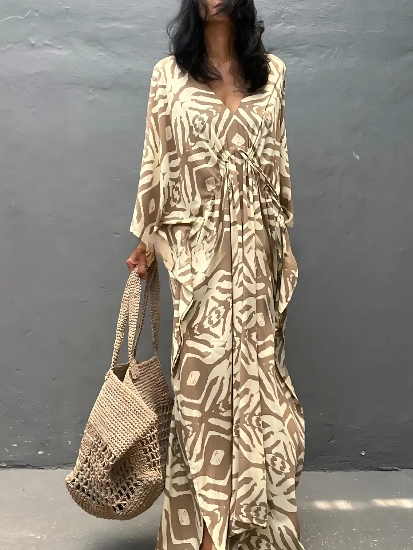 Kaftans for Women Geometric Printed Beach Dresses Drawstring Cover Ups for Swimwear Summer Holiday Outfits Dropshipping 3