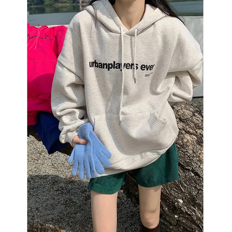 

College Style New Grey Baggy Pullover Letter Printing Pocket Fleece Thicken Sweatshirt Lazy Casual Raglan Sleeves Hoodie Winter