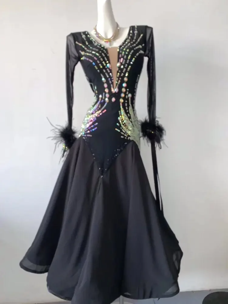 

2024 Black Dress Latin Dance Dress for Women Sleeve Tango Rumba Flamengo Ballroom Dance Dress For Women Costume A3153