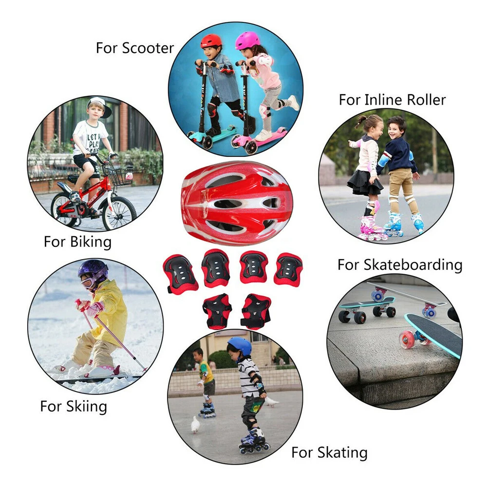7Pcs Roller Skating Kids Safety Helmet Knee Elbow Pad Sets Cycling Skate Bicycle Scooter Protection