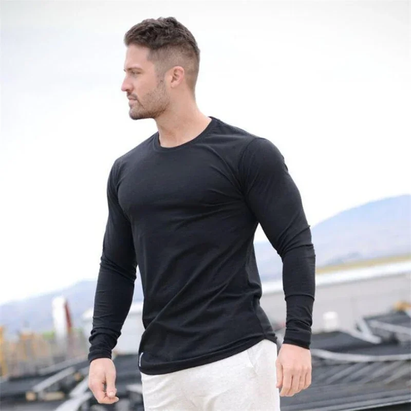 Plain Autunm Cotton Long Sleeve T-shirts Gym Clothing Bodybuilding Fitness Clothing Mens Casual Fashion Slim Fit Sports Shirts 10 S05862c2884594ccc9748b9ece761f53dH