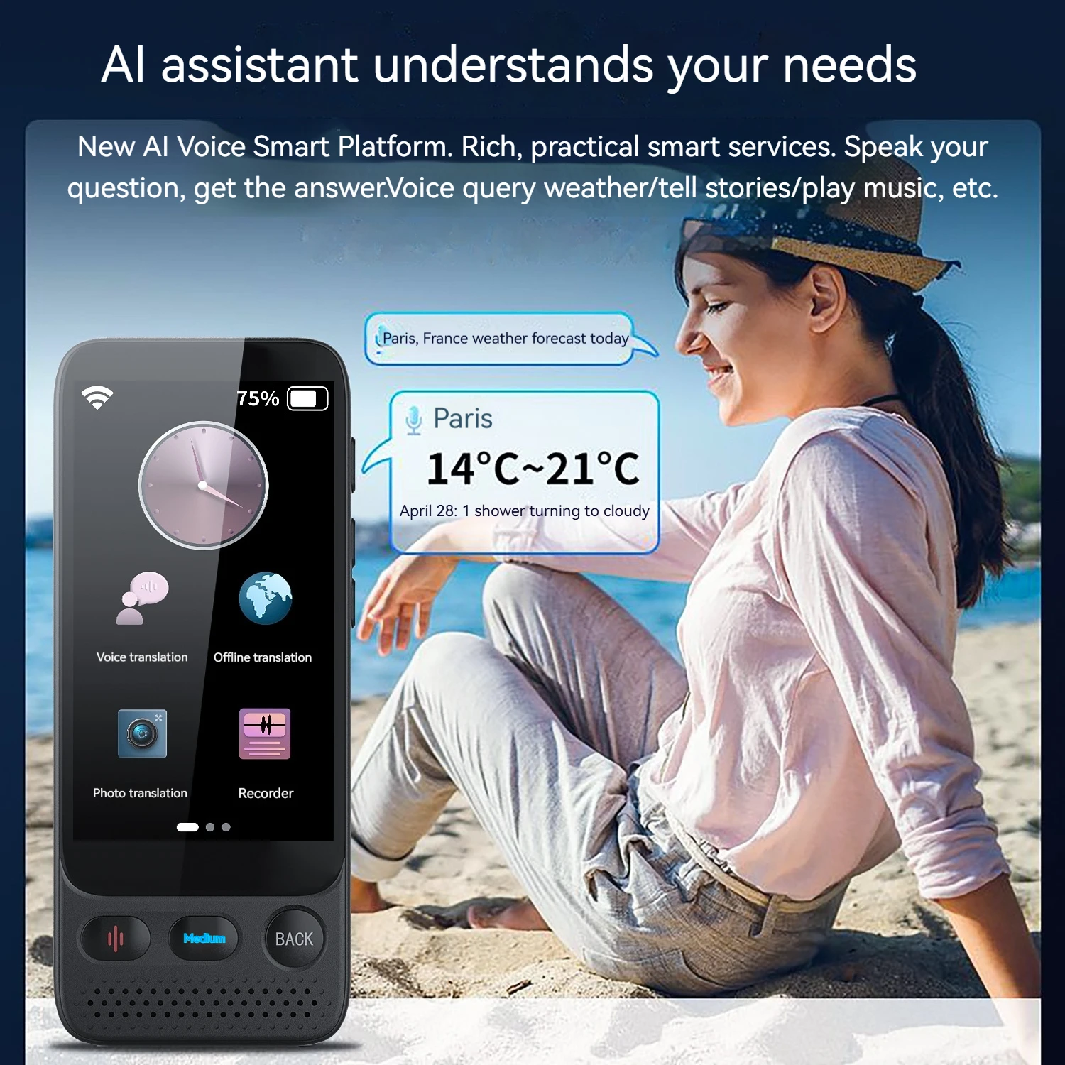 Real-time 138 Languages Translation 3.5 HD Screen 8MP Camera 19 Offline AI Voice Assistant Simultaneous Interpretation