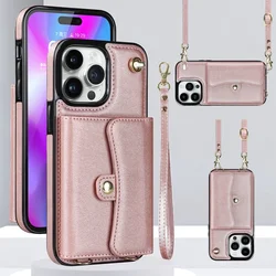 Luxurious Leather Wallet Case with Diagonal Strap and Bracket - iPhone 14 (Rose gold)
