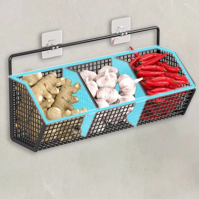 Wall Mounted Storage Rack - Multi Compartment Kitchen Shelf for Onion, Ginger & Garlic Organizer