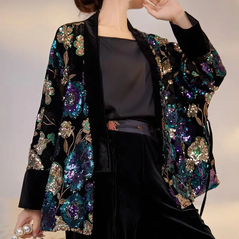 Chinese Style Sequin Embroider Tang Clothes Long Sleeve Cardigan Women's Festival Gift Vintage Coats Loose Costume