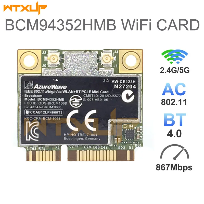 

Сетевая карта Broadcom BCM4352 BCM94352HMB Mini PCIE Wireless AC wifi WLAN BT Bluetooth 4,0 867 Мбит/с 724935-001