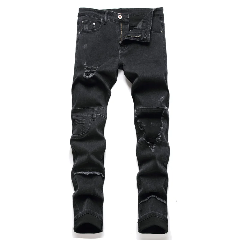 Men Paisley Bandanna Print Patch Jeans Streetwear Cracked Pleated Stretch Denim Biker Pants Ripped Patchwork Black Trousers