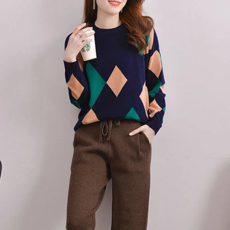 

Knitted Top for Women Short Blue Round O Neck Ladies Sweaters Plaid Pullovers Crop Winter Thermal Blouse 90s Vintage Clothing