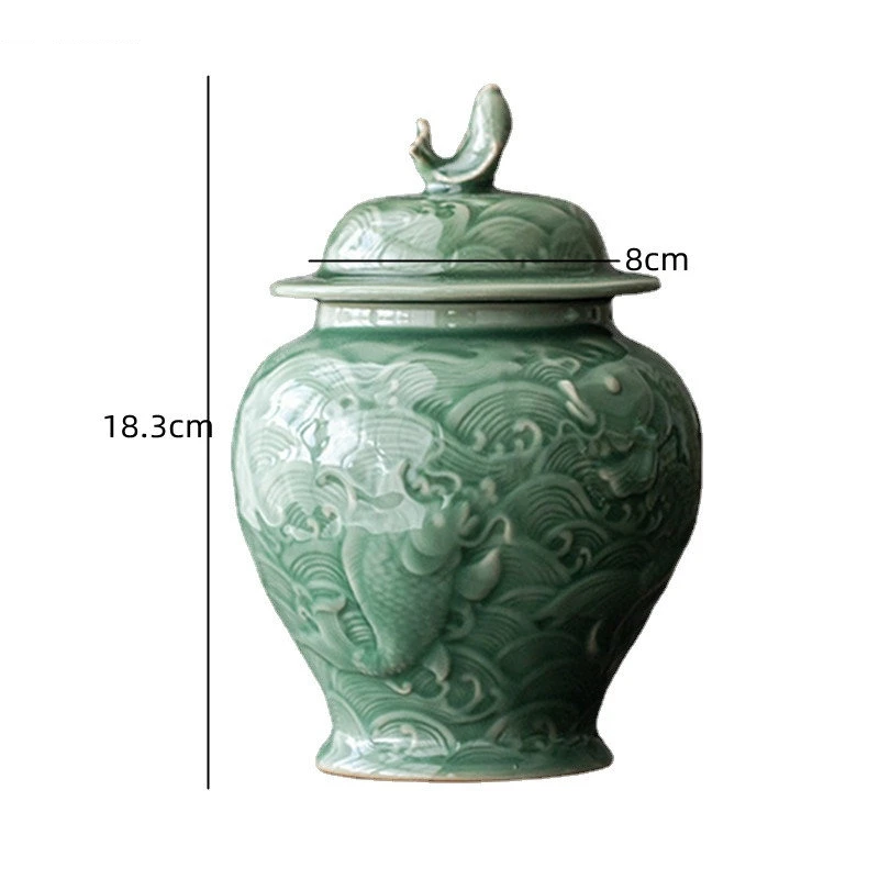 Celadon Relief Ceramic Storage Sealed Pot Kungfu Tea Set Box Chinese Ceremony Accessories
