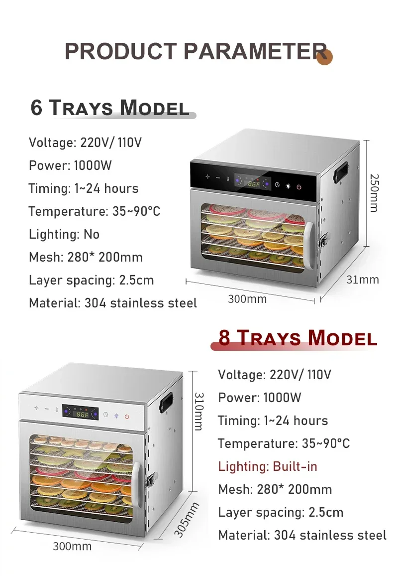 Smart Touch Panel Food Dehydrator  6/8 Layers Stainless Steel Trays Fruit Vegetable Meat Drying Machine DIY Snacks Melties Baker 6