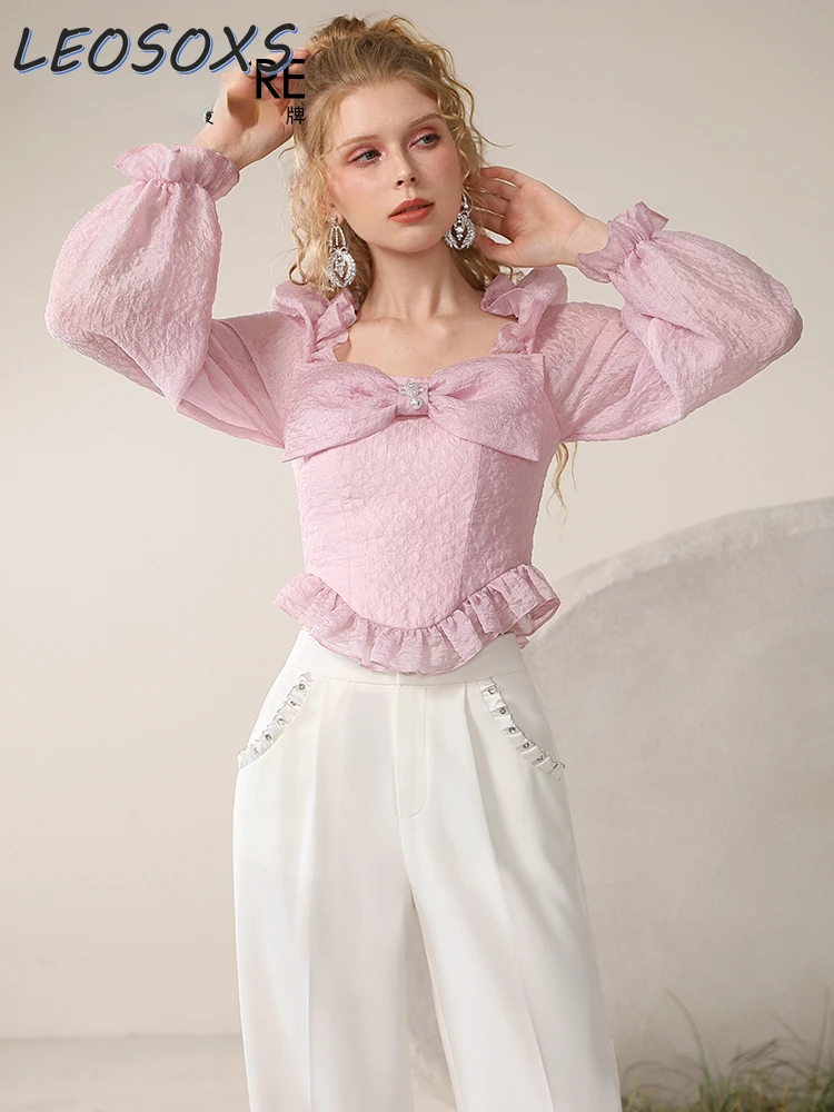 2024 Early Spring Women's Sweet Pink Top Three-Dimensional Seersucker Bow Shirt Fashion Square Collar Chiffon Blouse Women Tops [fila]seersucker heritage men pajamas tops