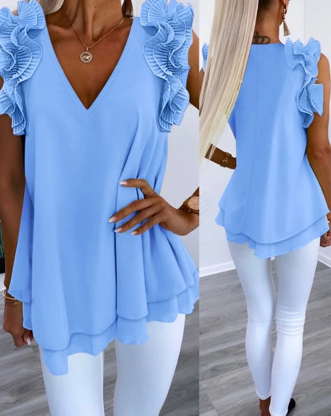 

2024 Summer Women's casual fashion sleeveless pleated hem pleated V-neck layered vest