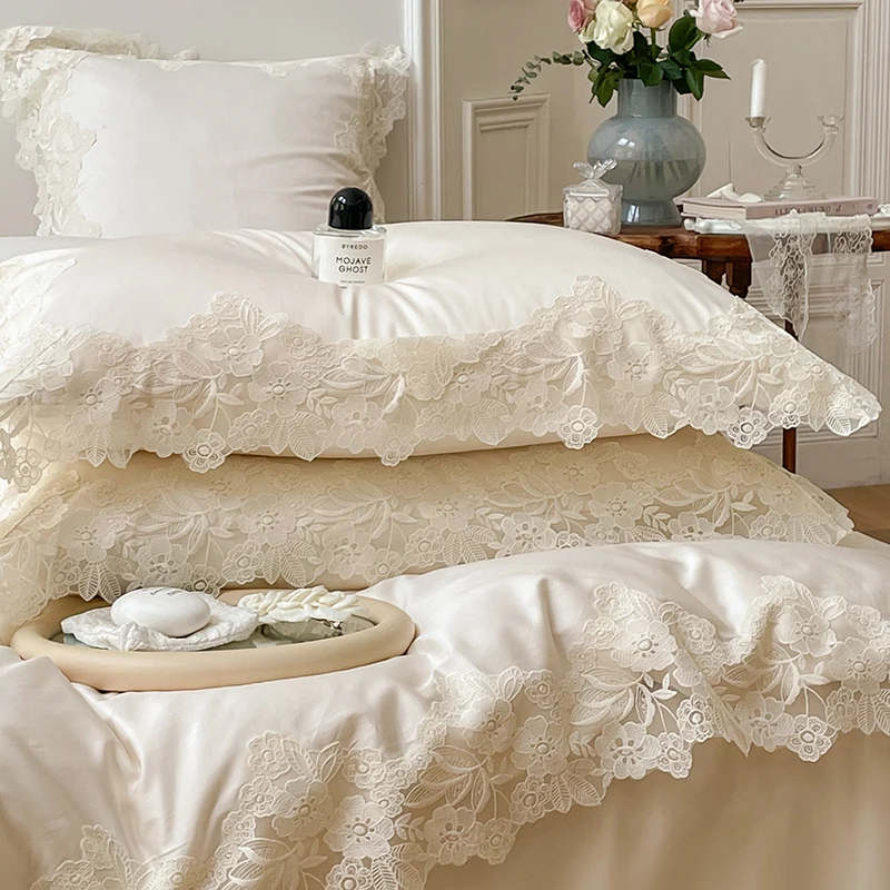 Romantic French Wedding Chic Flowers Lace Edge Woman Bedding Set