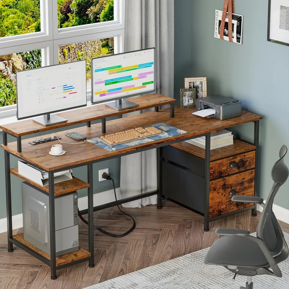 

61" Computer Desk with Power Outlet and USB Ports,Large Desk with Shelves and Drawer,Writing Study Desk with Fabric File Cabinet