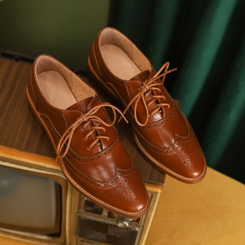 Women Oxford Shoes Spring/Autumn Women Shoes Genuine Leather for Brogues Vintage Lace up Casual Brown Handmade