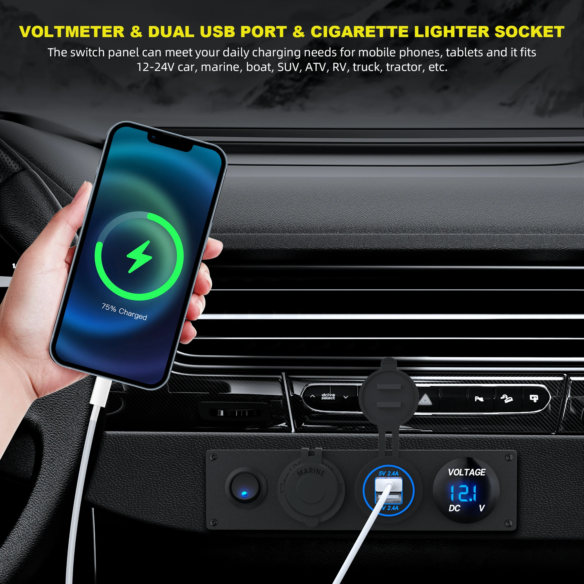 4 in 1 12V USB 패널(LED 전압계, 듀얼 USB 충전 소켓, 전원 및 시가 라이터 소켓, LED 조명 토글 스위치 포함)