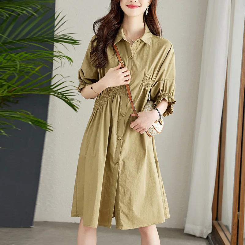 

Женское платье-рубашка средней длины, с рукавом-фонариком