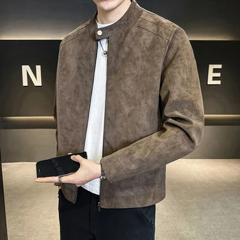 Giacca in pelle con colletto rialzato di alta qualità autunno e inverno, giacca in pelle da motociclista retrò, giacca in pelle retrò da uomo 1